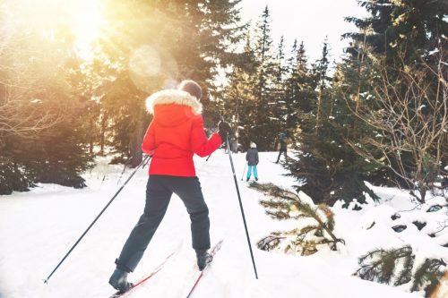 view on teenage girl behind sister on ski in snowy landscape